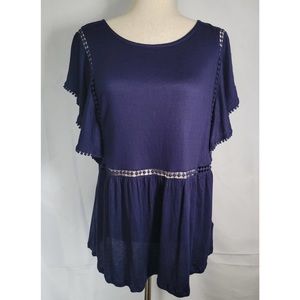 Anthropologie Crochet Trim Blouse - Navy Top